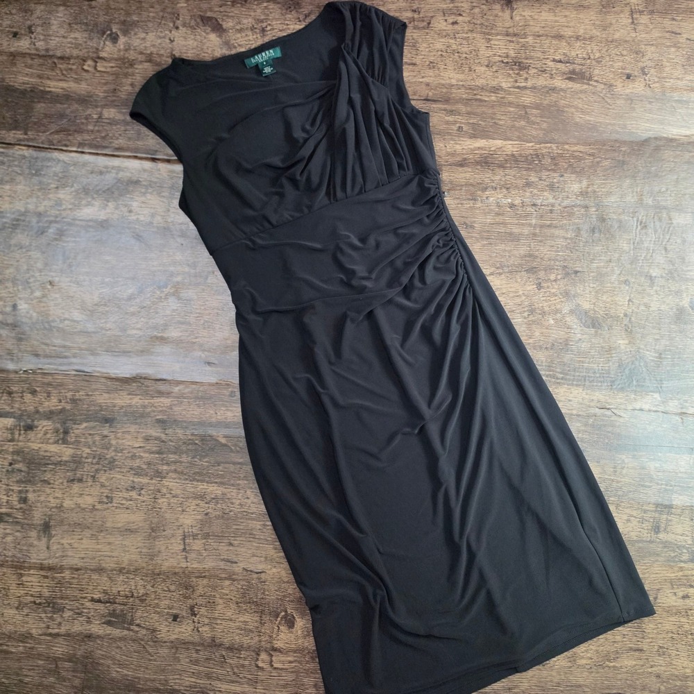 LAUREN‎ RALPH LAUREN Cocktail Dress Womens 8 Black One Shoulder Ruched Sheath
